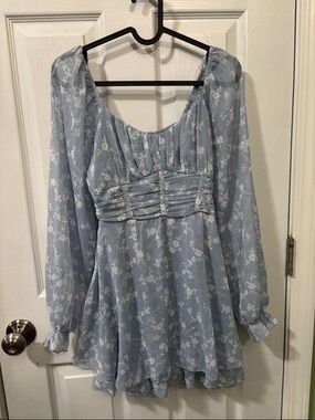 Light Blue Floral Long Sleeve Mini Dress